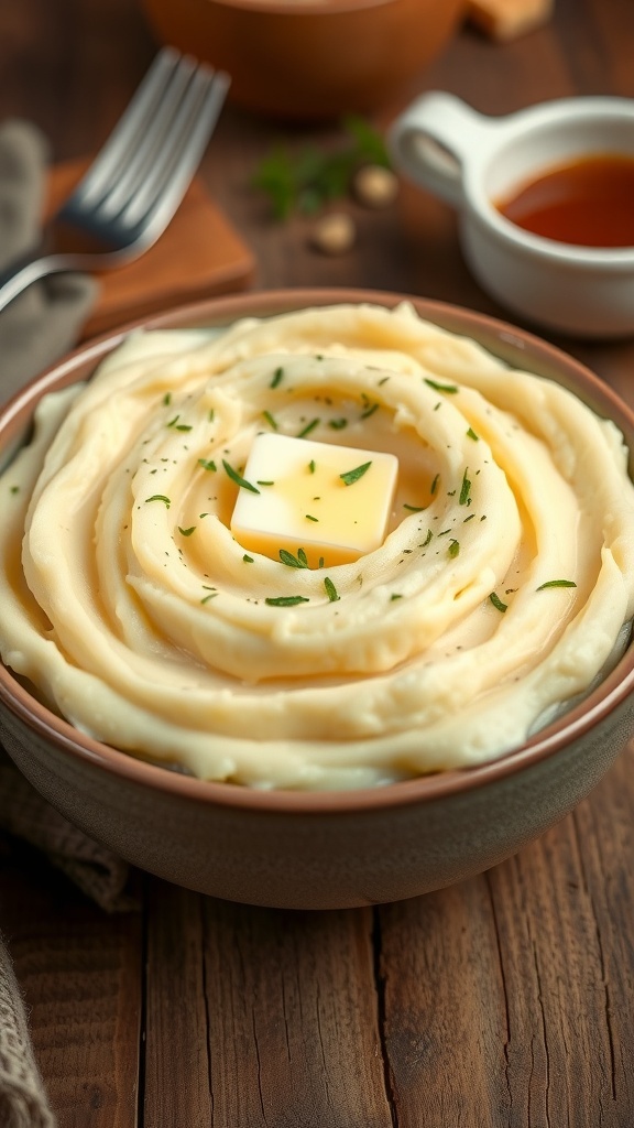 Creamy Mashed Potatoes Recipe A bowl of creamy mashed potatoes with butter and herbs on a rustic table.